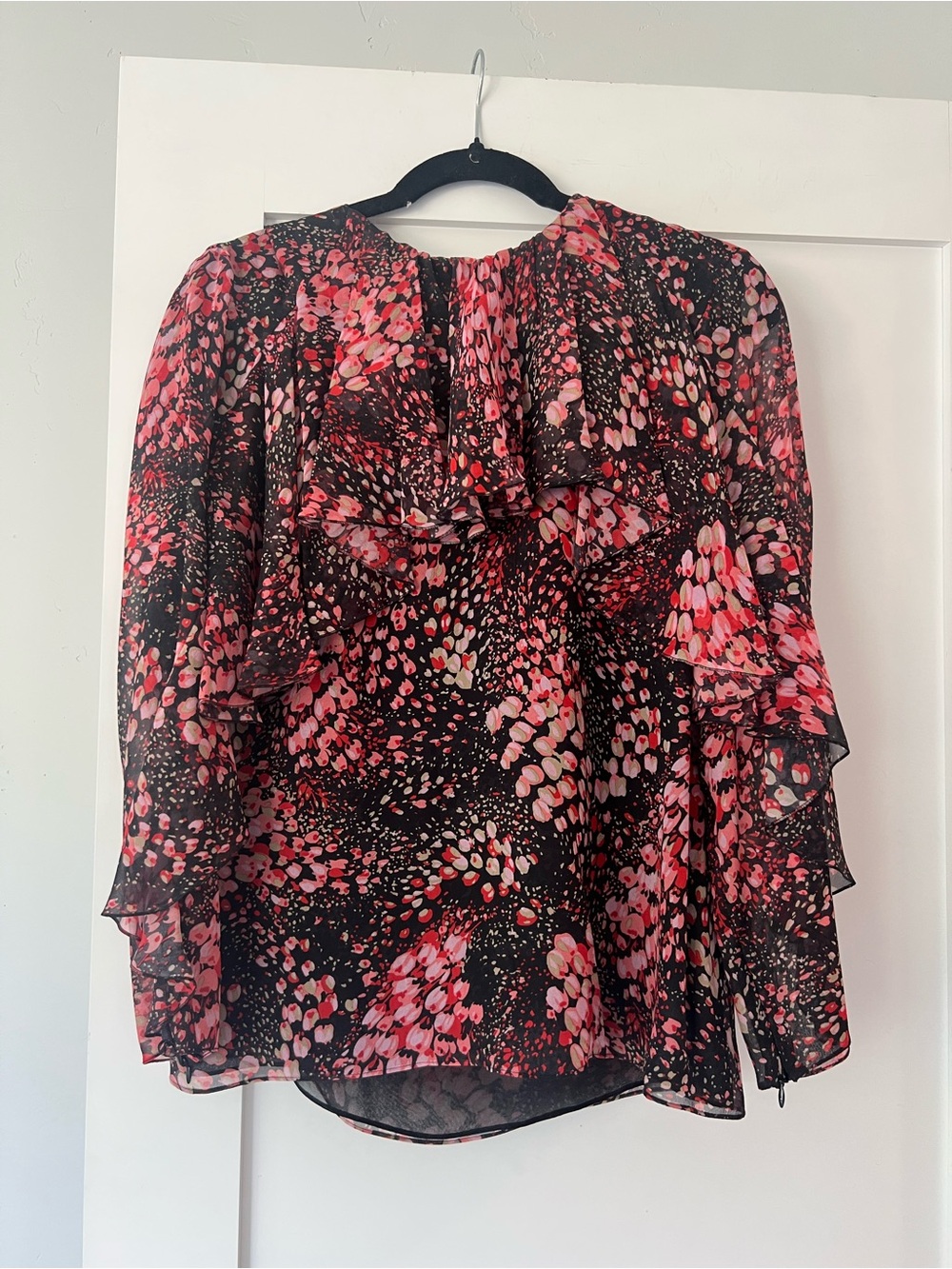 Ruffled Pink & Black Printed Silk Blouse